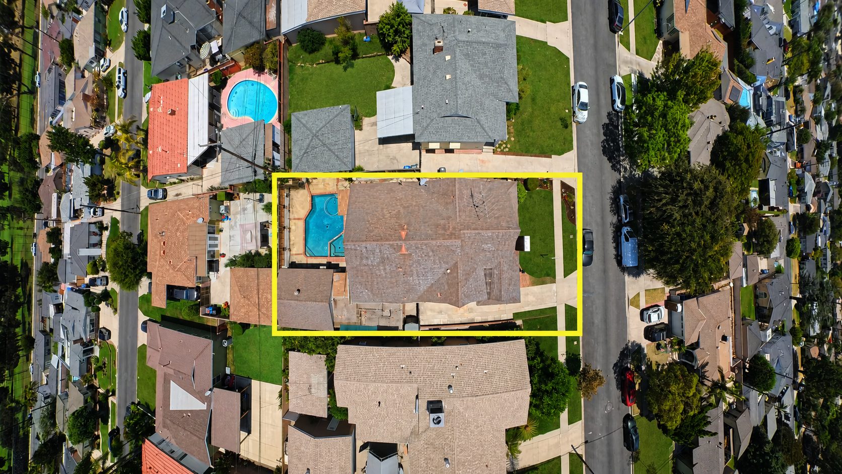 Aerial top-down with lot outline after professional editing