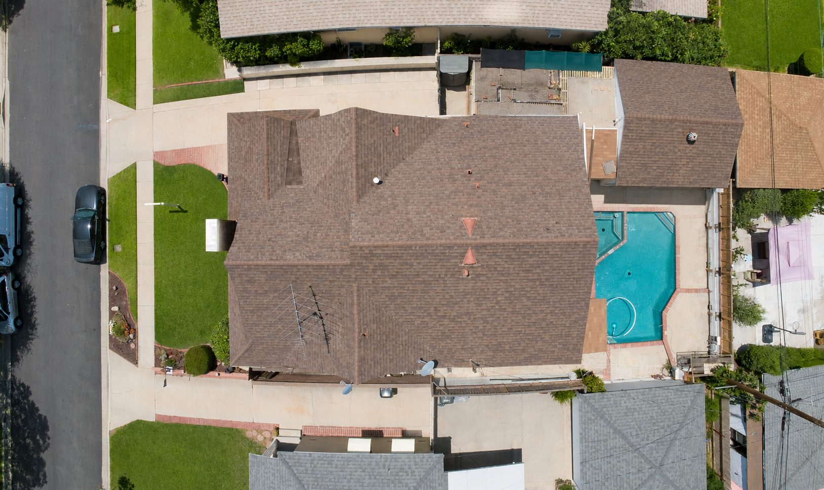 Aerial roof and pool after professional editing