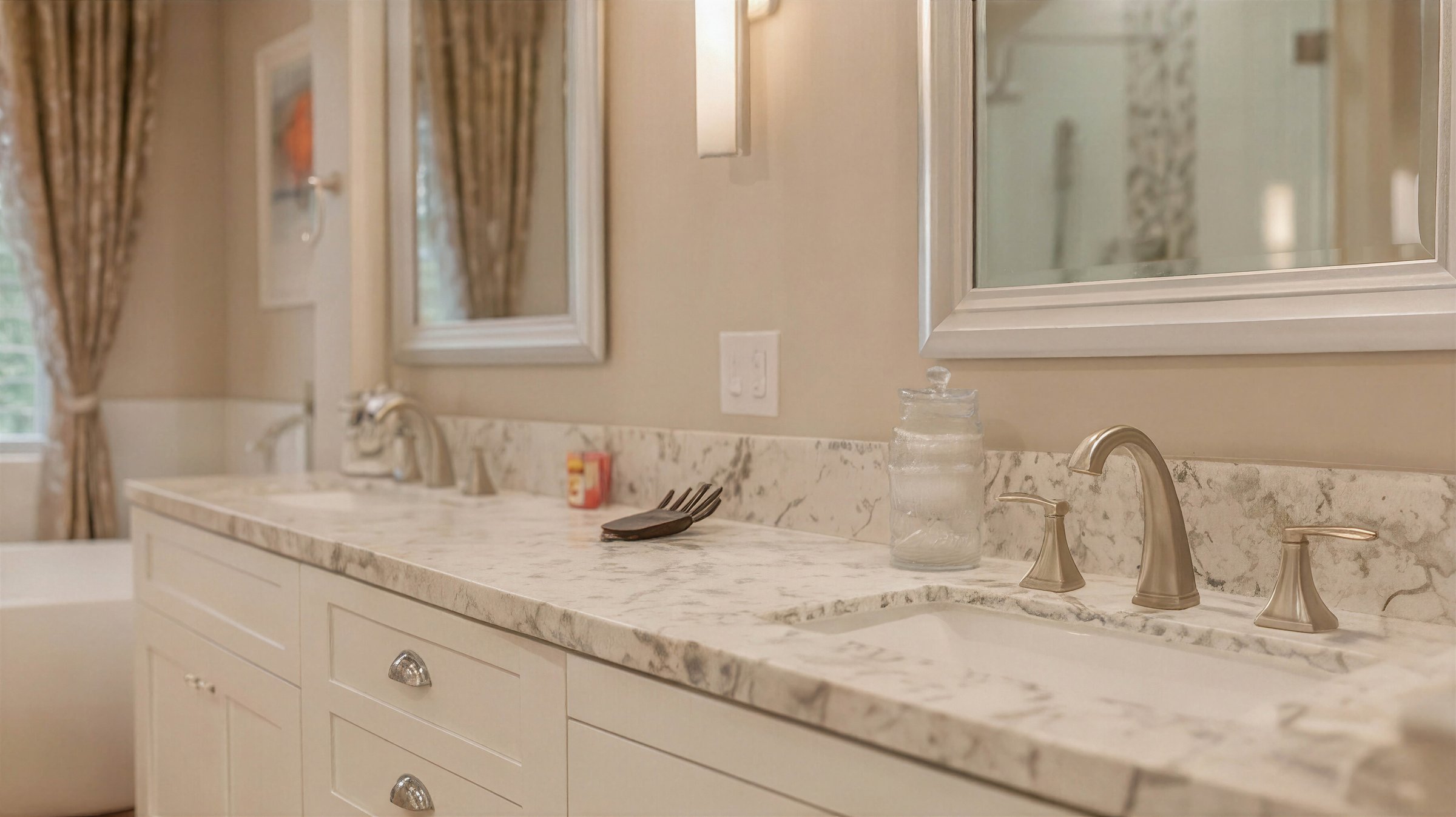 Bathroom with double-vanity marble countertop